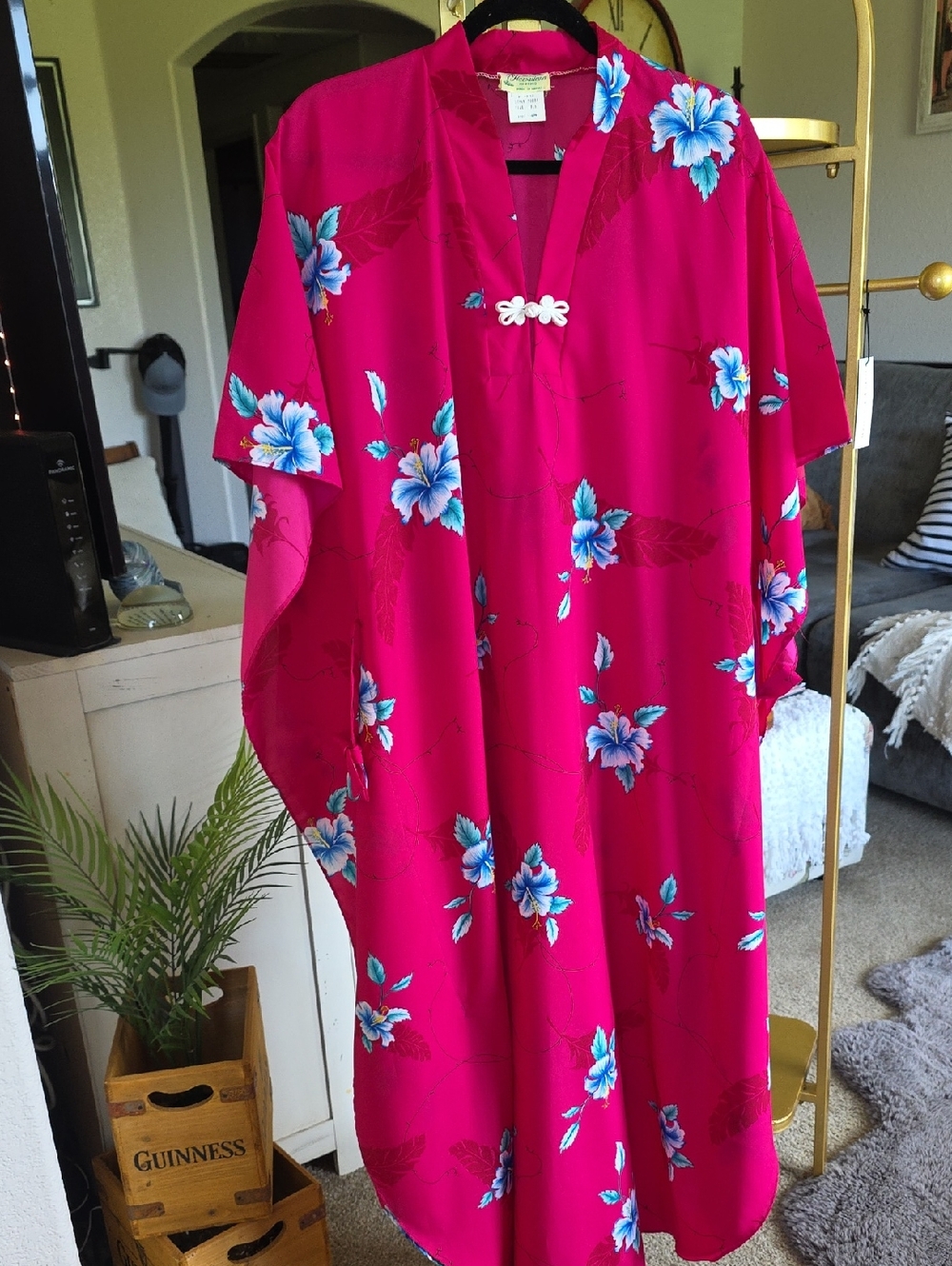 Fuchsia Floral Swim Coverup Kaftan Loungewear Blue White Tropical OS